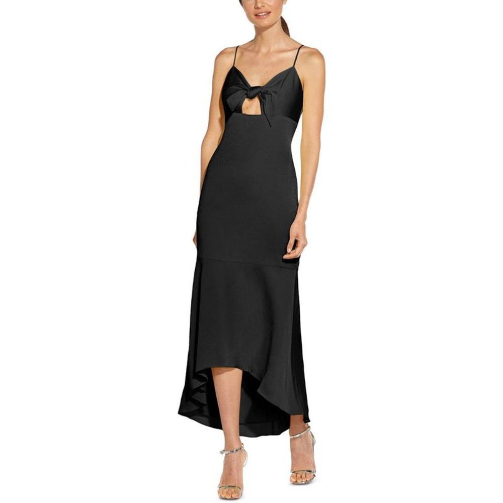 Aidan by Aidan Mattox Womens Black Satin Hi-Low Tie Front Midi Dress NWOT